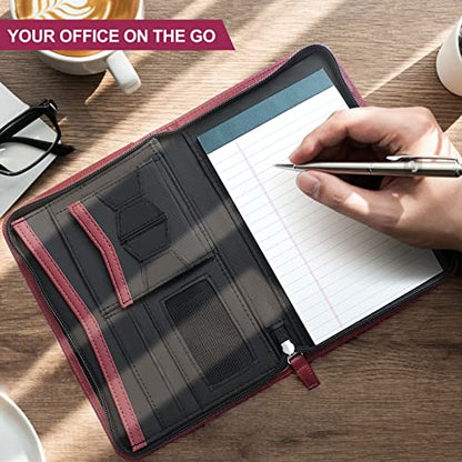 Mini Leather Zippered Padfolio Portfolio Binder 5 x 8 Legal Writing Pad, Professional Business Portfolio for Men & Women, Card Holder, Notepad Clipboard Holder, Red - size: Red-9.5x6.5x1 inch