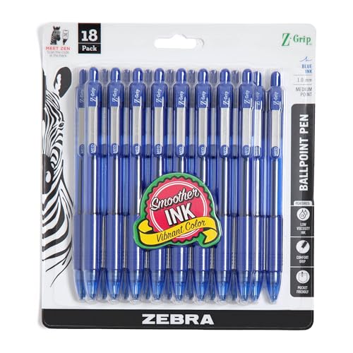 Zebra Pen Z-Grip Retractable Ballpoint Pen, Smooth-Flowing Blue Ink, 1.0mm Medium Point, School & Office Supplies, Ideal for Note-Taking, Journal and Planner Use, 18-Pack (22258) - color: Blue C