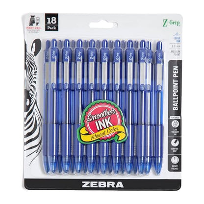 Zebra Pen Z-Grip Retractable Ballpoint Pen, Smooth-Flowing Blue Ink, 1.0mm Medium Point, School & Office Supplies, Ideal for Note-Taking, Journal and Planner Use, 18-Pack (22258) - color: Blue C