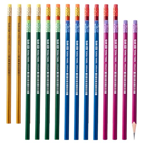 M&G Terra Series 24 Pack HB Triangular Wood-Cased Pencils, Unsharpened with Matching Erasers, Smooth Writing Break-Resistant Core, 6 Solid Metallic-Tone Colors for School Office Classroom Supplies - style: TERRA