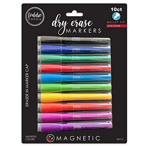 Loddie Doddie Magnetic Dry Erase Markers, Whiteboard Marker Set, 10 Pack | Stay Put Magnetic Design, Eraser Caps, Low Odor, Wipes Clean, 10 Colors, Erasable Pen Magnetic Whiteboard Markers