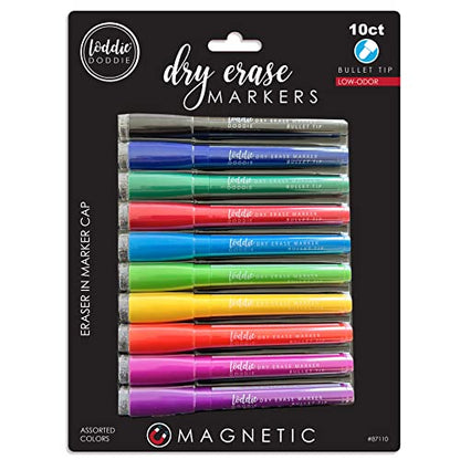 Loddie Doddie Magnetic Dry Erase Markers, Whiteboard Marker Set, 10 Pack | Stay Put Magnetic Design, Eraser Caps, Low Odor, Wipes Clean, 10 Colors, Erasable Pen Magnetic Whiteboard Markers