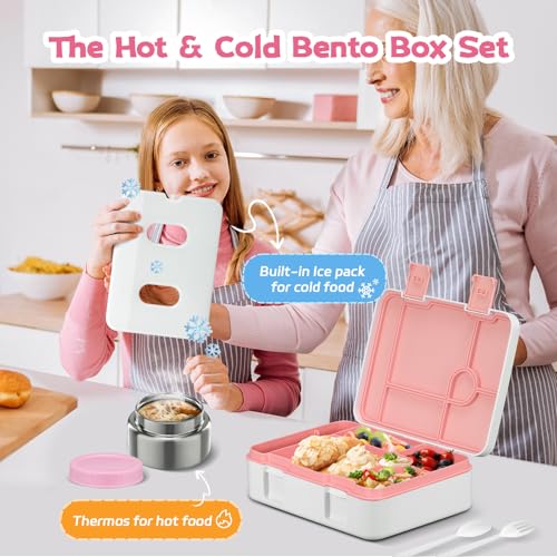 Bento Lunch Box Kids and 9oz Soup Thermo – 5.5-Cup Leakproof Kids Bento Box with Ice Pack & 9oz Insulated Food Jar – Hot & Cold Food Lunch Container for Boy Girl School, Pink Set - color: Pink Set