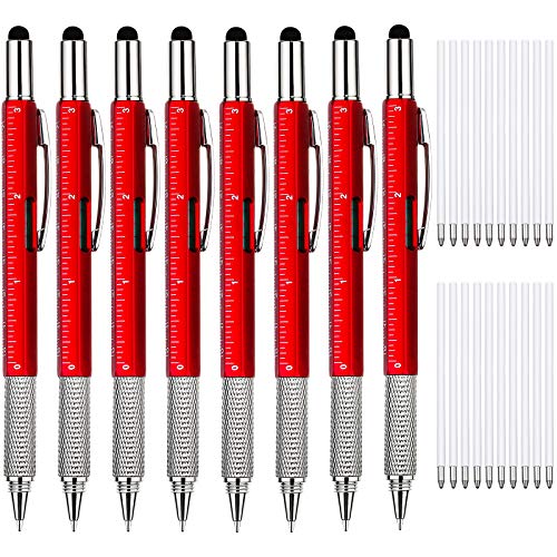 Zhanmai 8 Pcs 6 in 1 Multitool Pen Bulk Gift for Men Multi Tool Ballpoint Pen with Ruler Level Screwdriver Stylus Cool 20 Ink Refill Tool Gadget Birthday Christmas Stocking Stuffers for Adult (Red) - color: Red