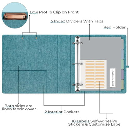 EYROZILL 3 Ring Binder 2 Inch, Binder for Letter Size (11" x 8.5") with 5 Tab Dividers, File Folder Labels and Low Profile Clipboards, Aqua Blue - color: Blue, size: ‎Letter Size - 2 Inch