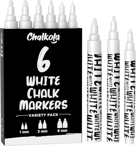 Chalkola White Chalk Markers - White Dry Erase Liquid Chalk Pens for Chalkboard, Blackboard, Window, Bistro, Car Glass, Board, Signs - Variety Pack of 6 - (2x) 1mm, 3mm & 6mm - color: White - 1mm, 3mm & 6mm (6 Pack)