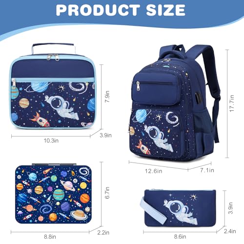 Bevalsa Kids Backpack for Boys with Bento Lunch Box, Insulated Bag & Utensils, 43oz Lunch Containers with 6 Compartment, School Bags for Elementary Middle School Student (Space) - color: Space