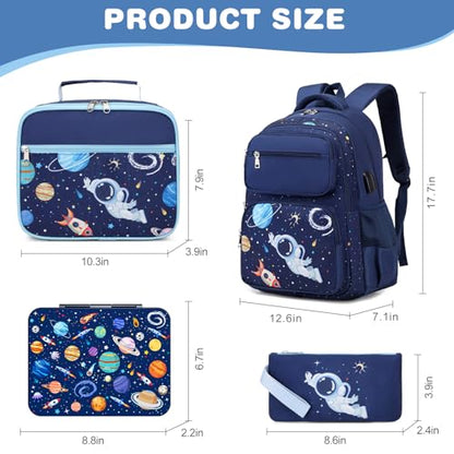 Bevalsa Kids Backpack for Boys with Bento Lunch Box, Insulated Bag & Utensils, 43oz Lunch Containers with 6 Compartment, School Bags for Elementary Middle School Student (Space) - color: Space