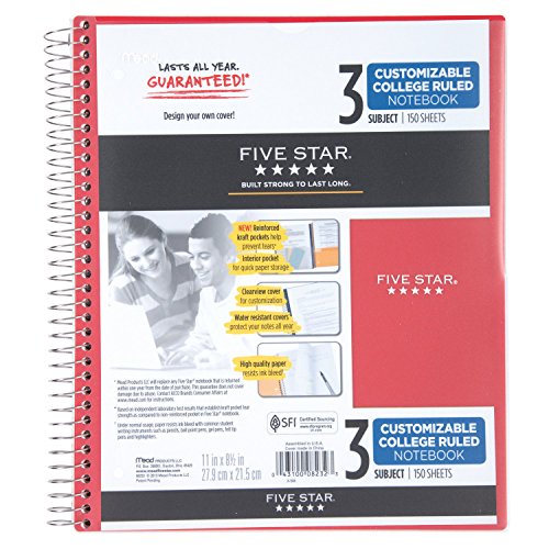 Five Star Spiral Notebook, 3 Subject, College Ruled Paper, 150 Sheets, 11" x 8-1/2", Customizable Cover, Red (38002) - color: 02 Red