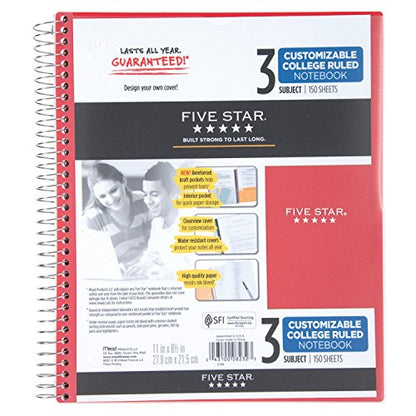 Five Star Spiral Notebook, 3 Subject, College Ruled Paper, 150 Sheets, 11" x 8-1/2", Customizable Cover, Red (38002) - color: 02 Red