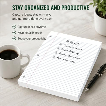 Loose Leaf Paper, 75 Sheets Notebook Lined Pads, 8 x 10.5 College Ruled Filler Paper, 3-Hole Punched Binder Paper for 3-Ring Binders, Double-Side Printed Note Pads for Home, Office, School, 1 Pack
