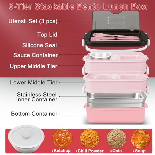 3-Tier Lunch Box for Women, Adult Lunch Box with Insulated Lunch Bag | 60 fl oz Large Capacity Bento Box with BPA-Free Utensils & Sauce Container, Leakproof, Microwave Safe for Work & Meal Prep - color: Pink(3-Tiers)