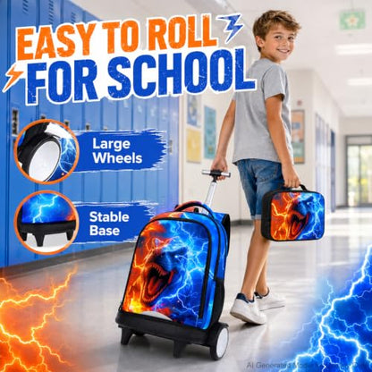 gxtvo Large Wheels & Quiet Glide | Rolling Backpack for Kids - Water-Resistant Wheeled Bag with Lunch Box for School, Travel & Outings - Fire & Lightning Dinosaur - color: Rolling Backpack Fire Lightning Dinosaur