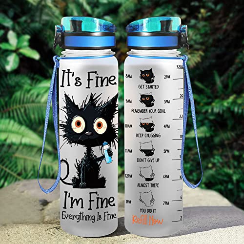 34HD Crazy Cat Water Bottle 32 oz with Time Marker, Funny Cat Lover Gifts for Women, It's Fine Everything Is Fine, Tritan Motivational Water Bottles - color: Everything Is Fine