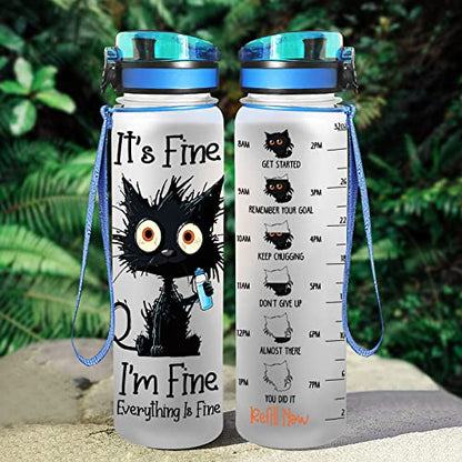 34HD Crazy Cat Water Bottle 32 oz with Time Marker, Funny Cat Lover Gifts for Women, It's Fine Everything Is Fine, Tritan Motivational Water Bottles - color: Everything Is Fine