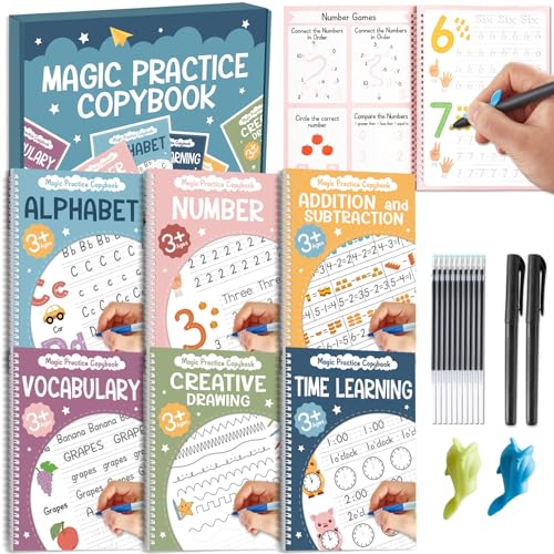 party greeting 6 Pieces Magic Grooved Writing Practice Copybook with Disappearing Ink Pens Reusable Grooved Handwriting Workbook Letter Tracing Books for Kids Kindergarten Preschool Supplies
