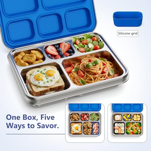 Pawtong Stainless Steel Lunch Box, 5-Compartment Bento Lunch Box for Kids & Adults,Metal Lunch Box with Removable Silicone Container, Lunch Box Containers for School,Office (Blue) - color: Blue