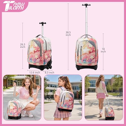 NEW TILAMI Girls 18 inch Rolling Backpack - Large Capacity, Waterproof, Adjustable Handle, Stylish Design, Ideal for School & Travel, Starshine - color: Starshine