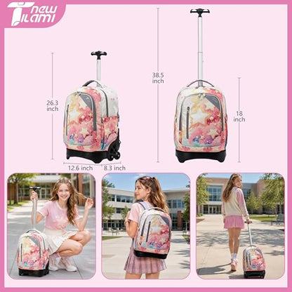 NEW TILAMI Girls 18 inch Rolling Backpack - Large Capacity, Waterproof, Adjustable Handle, Stylish Design, Ideal for School & Travel, Starshine - color: Starshine