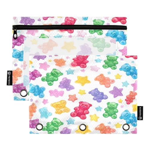 Pencil Pouch 3 Ring Colorful Gummy Bears Stars Zipper Pencil Pouches Case Binder Cosmetic Bag 2 Pack for Office School College Supplies - color: Gummy Bears Stars