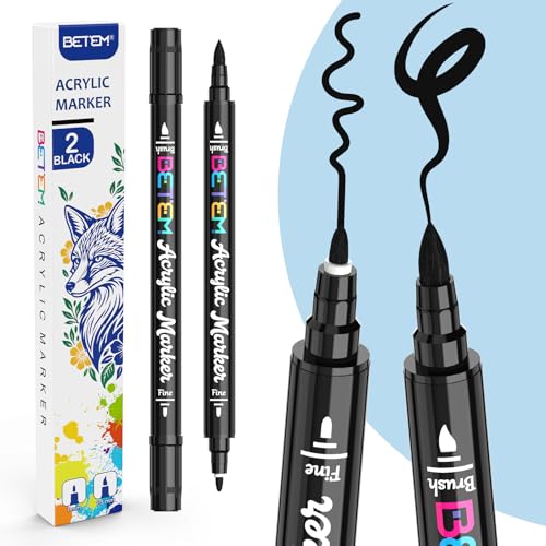 Betem Dual Tip Acrylic Paint Pens, 2 Black Paint Markers for Glass, Window, Fabric, Wood, Rock, Canvas, Acrylic Markers with Fine & Brush Tip, Art & Craft Supplies, Teacher Appreciation Gift - color: Black