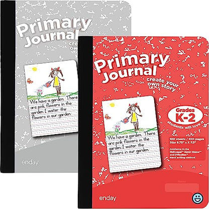 Enday Primary Journal Grades K-2, Primary Writing Journal, Half Page Ruled Primary Journal Composition Notebook for Kids, 100 Sheets kids Notebook, Red and Grey (2 Pack) - color: RED - GREY