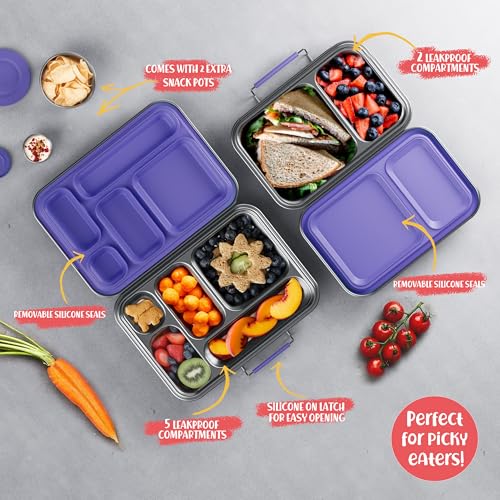 AOHEA Stainless Steel Bento Box Kids, Kids Metal Bento Lunch Box BPA Free Lunch Box Containers 304 Stainless Steel Bento Box for School and Office(Purple) - color: Purple-05