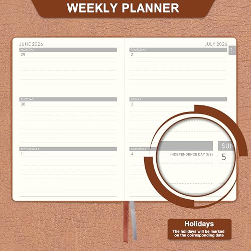 2026-2027 Planner - 2026-2027 Weekly Monthly Planner, July 2026 - June 2027, 5.85'' x 8.5'' Academic Planners with Leather Cover, Pen Holder, Bookmarks - color: Brown
