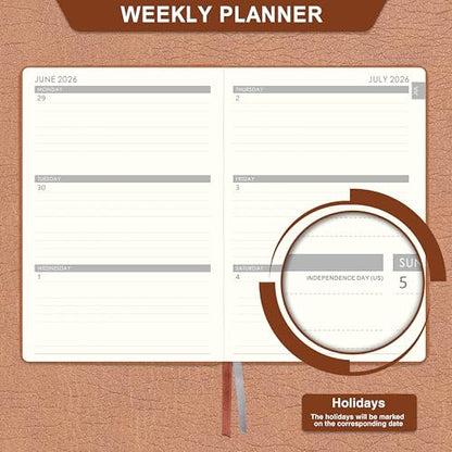 2026-2027 Planner - 2026-2027 Weekly Monthly Planner, July 2026 - June 2027, 5.85'' x 8.5'' Academic Planners with Leather Cover, Pen Holder, Bookmarks - color: Brown