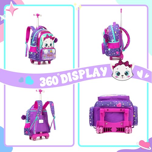 Rolling Backpack with Wheels for Girls Kids Cute Cat Rolling Backpack with Lunch Bag and Pencil Case Set Kids Travel Luggage for Elementary Girls Ages 5-12 - color: 01 Purple Cat