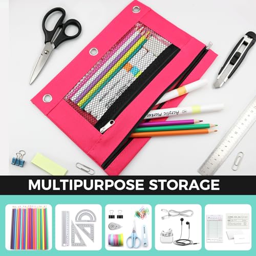 3 Ring Pencil Pouch for Binder, 2-Pocket Zipper Pencil Case with Clear Window & Mesh Pocket, 600D Oxford Fabric Binder Pouch for School Office Supplies, Fits Standard 3-Ring Binders, Rose Red - color: Rose Red