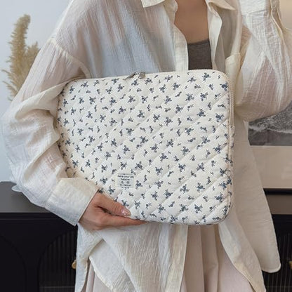 14 inch Maple Leaf Soft Pad Tablet Bag Embroidery Puffy Protective Case Shockproof Cute Quilted Laptop Sleeve Commute Work Study Bag - color: Blue Leaf