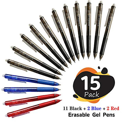 Lineon Erasable Gel Pens, 15 Pack Retractable Erasable Pens Clicker, Fine Point, Make Mistakes Disappear, 11 Black 2 Blue 2 Red Inks for School & Office - color: 15 Pack Black Blue Red