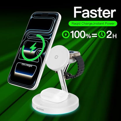 【Adjustable Blue Ambient Light】 Wireless Charger 3 in 1 for iPhone, Magnetic Charging Station for Apple Family,15W Fast MagSafe Charger Stand,for iPhone17-12-iWatch AirPods Series - color: White