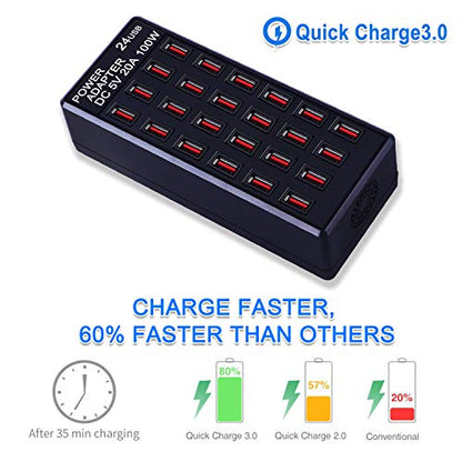24-Port 100W (20 A) USB Charging Station, Home-Sized Desktop USΒ Fast Charger, Multiple USB Desktop Chargers for Hotels, Schools, Shops, Shopping malls and Travel