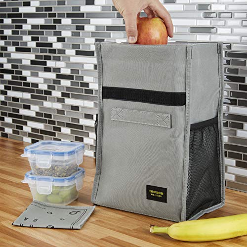 2nd Childhood Insulated Lunch Bag for Men, Durable & Reusable, Grey | Slim lunch bag with carry handle, two mesh side pockets and a back slip pocket; insulated liner keeps food cool - color: Gray