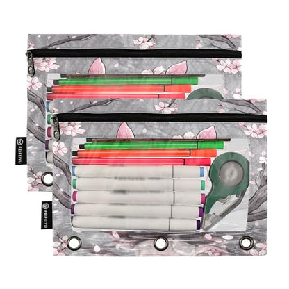 Cute Axolotl Cherry Blossoms Binder Pencil Pouch 3 Ring Clear Pouches with Zipper Pen Organizer for Office College School, 2 Pack - color: Multi-cute Axolotl Cherry Blossoms
