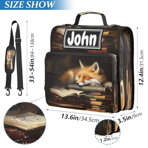 Fox Cartoon Print Custom Zipper Binder Bag 3 Ring with Shoulder Strap & Handle Personalized Binder Bag Expandable File Folder for School - color: Multi-fox Cartoon