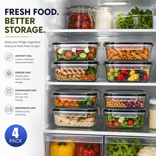 Sorbus Glass Meal Prep Containers Set – Freezer, Dishwasher, Oven Safe – Reusable Food Storage Bowls, 4 Cup Capacity for Meal Prep and Storage (4 Rectangular Vented Lid) - size: 4 Rectangular Vented Lid