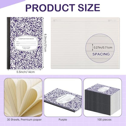 Fainne 100 Pack College Ruled Composition Notebooks A5,Purple | 30 Sheets/60 Pages Marble Cover Composition Journals Bulk for Back to School Classroom High College School Supplies - color: Purple