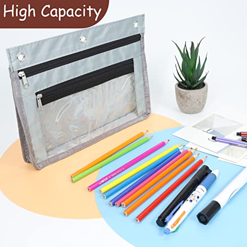 YoeeJob 1 Pack Pencil Pouch for 3 Ring Binder, Expandable Binder Pouches with Zipper, Large Capacity Pen Holder Case with Clear Window School Class Office Organizers, Grey - color: Grey