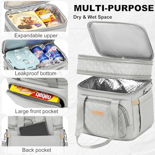 AIJIEKE Lunch Bag for Women, Insulated Double Deck Work Lunch Box, Gray | Durable, leakproof thermal cooler tote. Double compartment, expandable pockets, strap. For travel meal prep, beach, picnic - color: Gray
