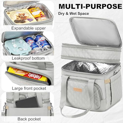 AIJIEKE Lunch Bag for Women, Insulated Double Deck Work Lunch Box, Gray | Durable, leakproof thermal cooler tote. Double compartment, expandable pockets, strap. For travel meal prep, beach, picnic - color: Gray
