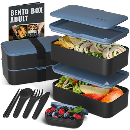Bentoheaven Bento Box Adult, Stackable Lunch Box, 40 oz, Steel My Heart | BPA-free, leakproof and microwave-safe with 2 compartments, utensils, chopsticks, divider and sauce cup for men and women. - color: Steel My Heart