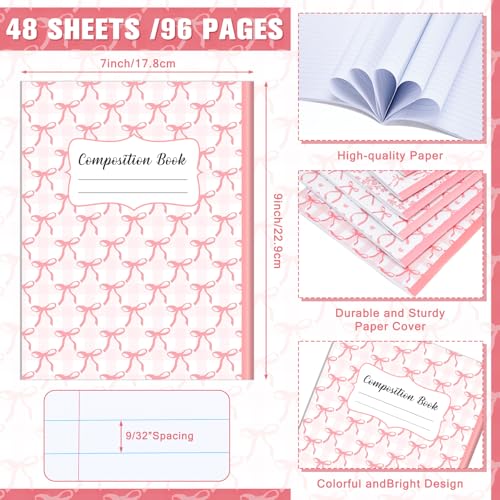 AmazingSpark 6 Pack Lefty Preppy Notebook Cute Bow Coquette Journal 7" x 9" College Wide Ruled 110 Pages Left Handed Aesthetic School Supplies Gifts for Teens Girls Women(Composition,Pink Bow) - color: Pink Bow, style: Composition