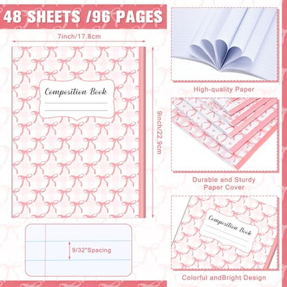AmazingSpark 6 Pack Lefty Preppy Notebook Cute Bow Coquette Journal 7" x 9" College Wide Ruled 110 Pages Left Handed Aesthetic School Supplies Gifts for Teens Girls Women(Composition,Pink Bow) - color: Pink Bow, style: Composition