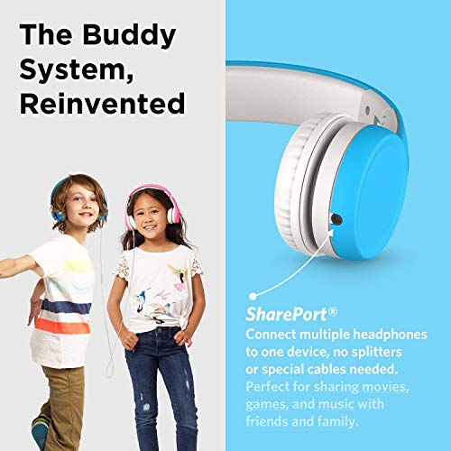 LilGadgets Connect+ Foldable Headphones, Adjustable Fit Soft Touch Padding for Kids with Mic, Volume-Limited & Noise Reduction On-Ear Wired Headset for School with SharePort - Blue, Ages 3-14 - color: Blue