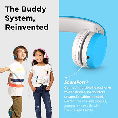 LilGadgets Connect+ Foldable Headphones, Adjustable Fit Soft Touch Padding for Kids with Mic, Volume-Limited & Noise Reduction On-Ear Wired Headset for School with SharePort - Blue, Ages 3-14 - color: Blue
