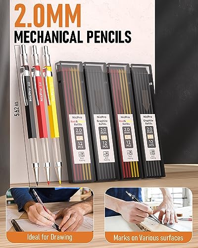Nicpro 18 Pack Carpenter Pencils Mechanical, Construction Pencils with 60 Refill, Automatic Center Punch and Carbide Scribe Tool, 2.0mm Mechanical Pencil for Woodworking, Best Carpenters Marking Tool - size: 18 Pack