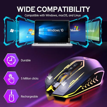 UHURU Wireless Gaming Mouse Up to 12000 DPI, Rechargeable USB-C Wireless Mouse with 7 Buttons 7 Dynamic LED Color Ergonomic Programmable MMO RPG for PC Laptop, Compatible with Windows Mac - color: Black